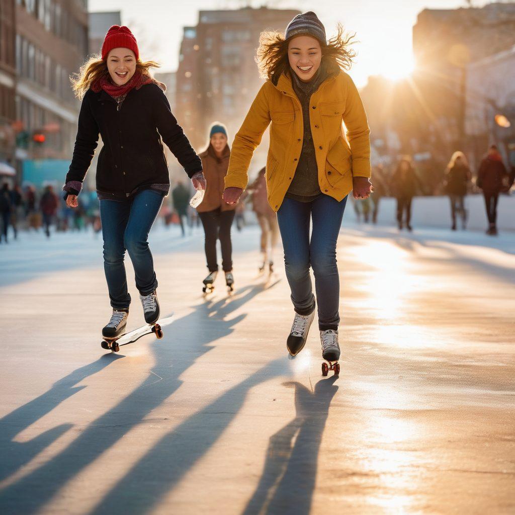 A joyful scene of diverse skaters gliding on a sunlit sidewalk, transitioning from an ice rink to a vibrant urban environment. Include elements of ice melting into smooth pavement, colorful skateboards scattered around, and a lively city backdrop with cheering friends. Capture the exhilaration of skating together with smiles and dynamic poses. Bright colors. super-realistic.