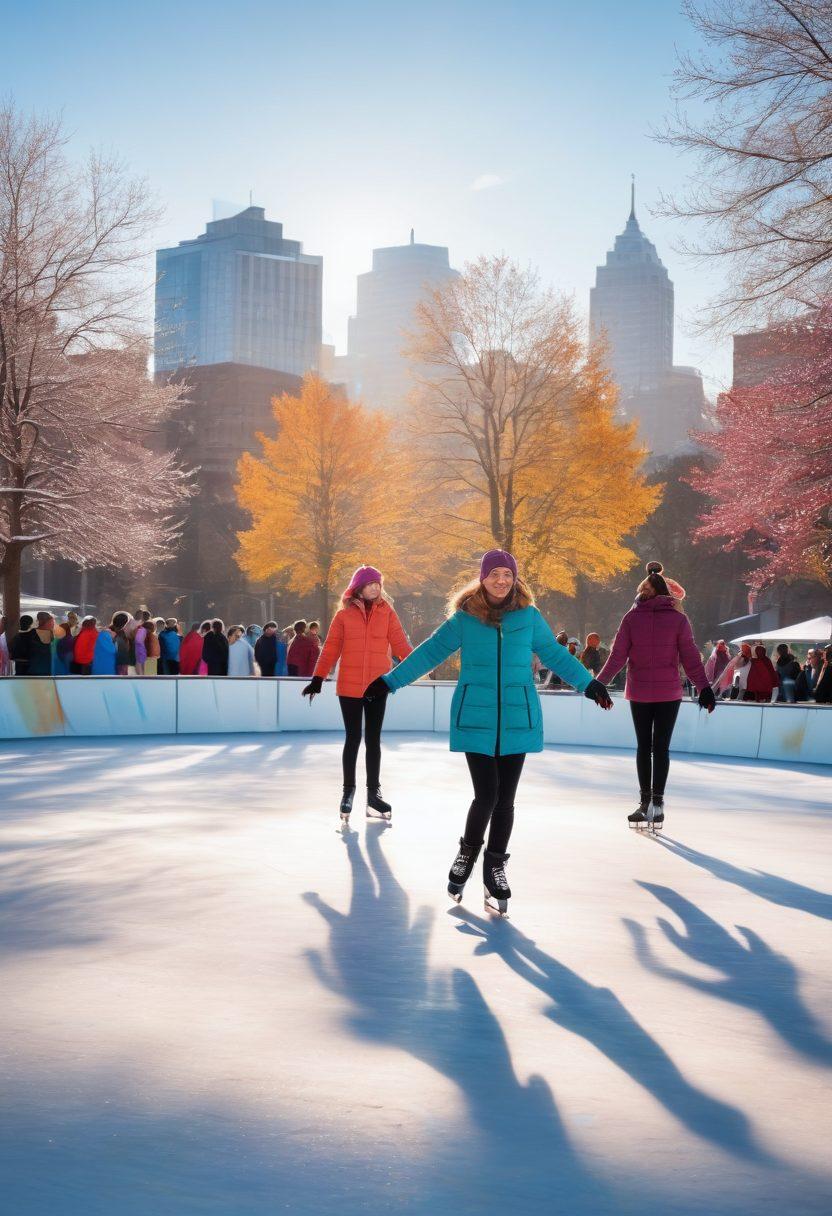 A lively scene featuring joyful ice skaters twirling gracefully on a glistening ice rink, while colorful roller skaters zoom past in a vibrant outdoor skate park. Include expressions of happiness and excitement on their faces, with a playful mix of both winter and summer gear. The setting includes snowflakes gently falling and sunny rays shining down on the park, capturing the thrill of both activities. bright and cheerful. super-realistic. vibrant colors. dynamic composition.