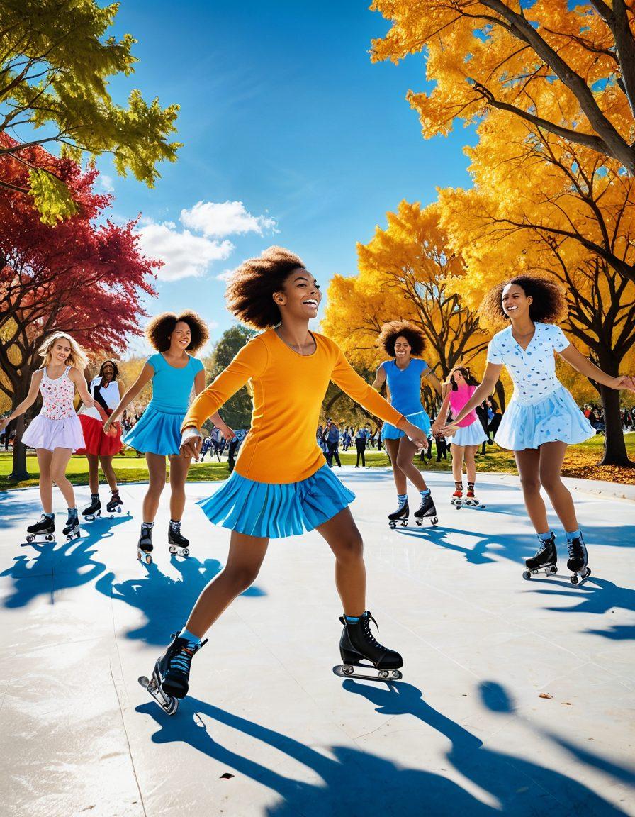 A lively scene of a diverse group of ice and roller skaters gliding joyfully in a sunlit park, surrounded by colorful banners and exhilarating energy. Capturing skaters in vibrant attire, performing tricks and enjoying camaraderie, with a soft blue sky and fluffy white clouds above. Include elements like ice rinks and roller tracks seamlessly blended together to represent both skating worlds. Emphasize the joy and community spirit with smiles and laughter all around. vibrant colors. 3D.